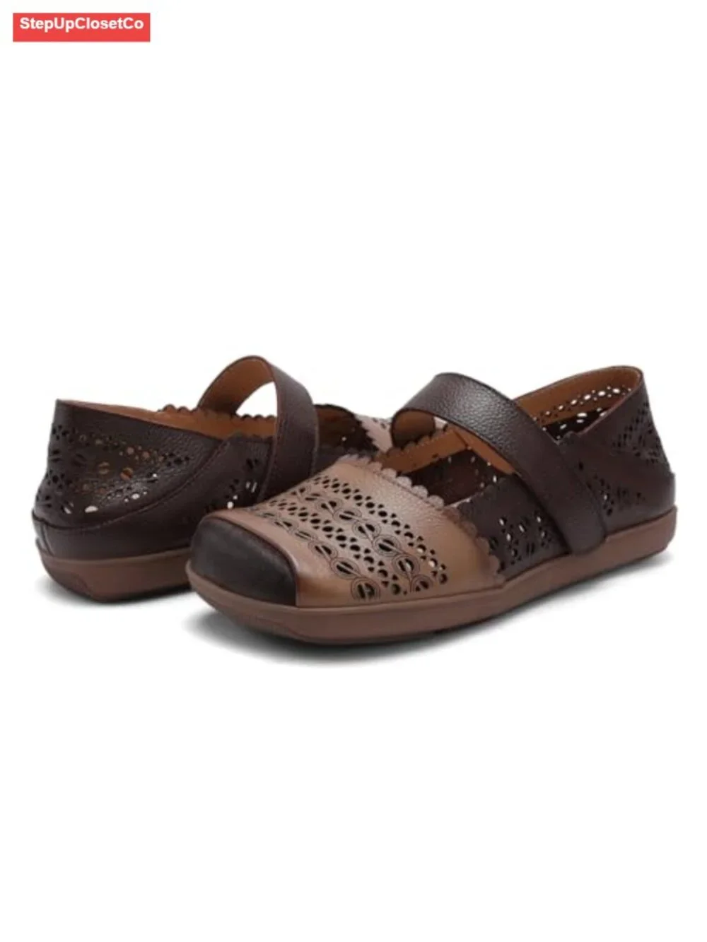 Cut Out Leather Mary Jane Flats Breathable Slip-On Walking Loafers